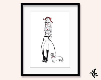 Girl with Sausage Dog/Dachshund Fashion Illustration Art Print | A3, A4 and A5 Posters
