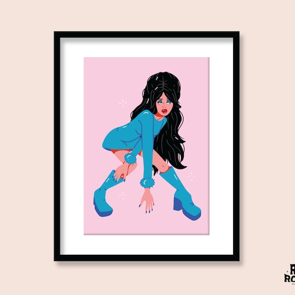 Sixties Girl Art Print | A5 A4 A3 | Affiche Funky des années 60 70 | Pose Portrait | Bottes de genou bleues | | d’illustration rétro Chambre Tendance Décor | Groovy