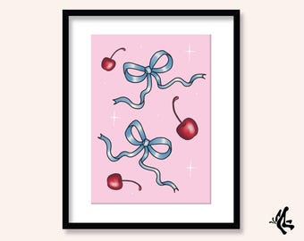 Pastel Bow & Cherries Art Print: Sparkle Illustration (A5 A4 A3)