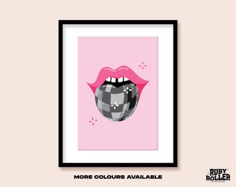 Lips Disco Ball Tongue Art Print | A5 A4 A3 | 70s Y2K Mouth Poster | Retro Illustration | 90s Funky Room Decor | Groovy | Trendy | Rock Roll