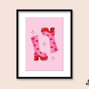 Heart Gogo Boots Art Print | A5 A4 A3 | Affiche de plate-forme des années 60 70 | Y2K Retro Chunky Shoe | | de décoration de la salle d’illustration Groovy Disco | Malodorant