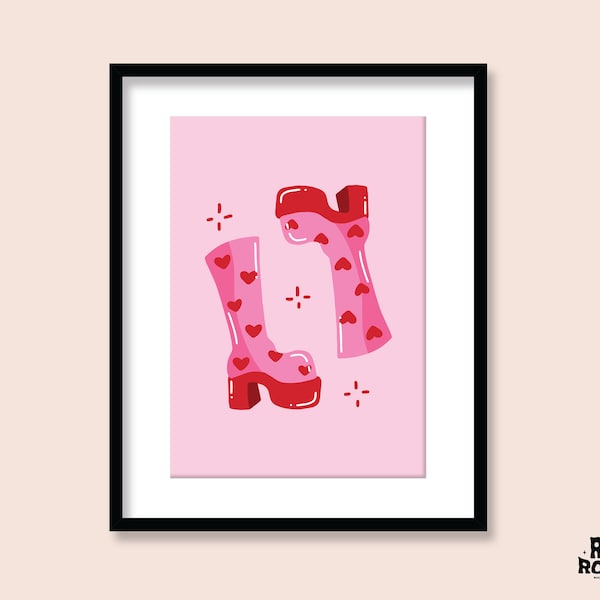 Heart Gogo Boots Art Print | A5 A4 A3 | 60s 70s Platform Poster | Y2K Retro Chunky Shoe | Illustration Room Decor | Groovy Disco | Funky