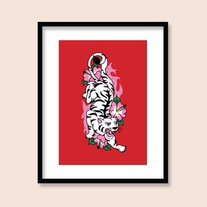 Vlam tijger kunstprint | A5 A4 A3 | Traditionele tattoo-flitsposter | Hibiscusbloem illustratie jaren 90 | Y2K-kamerdecoratie | Rozerood winterhard