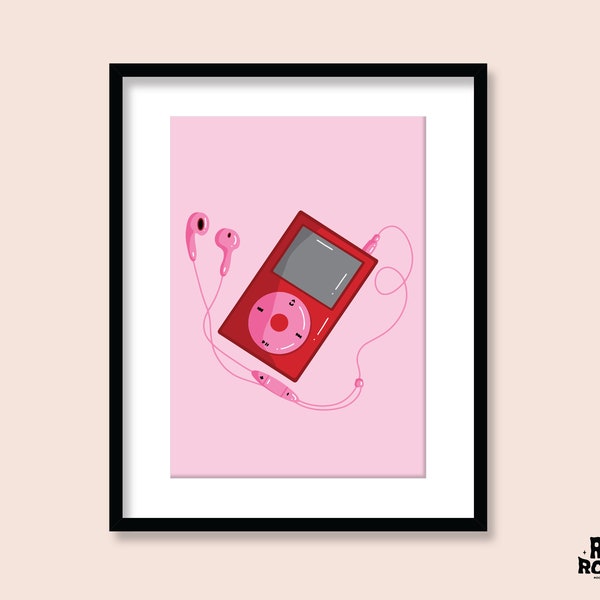 Y2K MP3 Player mit Kopfhörer Kunstdruck | A5 A4 A3 | Y2K Poster | 00er Nostalgie Musik | Rock n Roll | Rote Retro Groovy | Funky Illustration