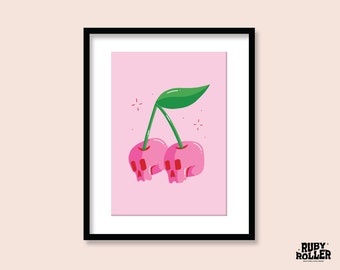 Skull Cherries Art Print: Groovy Gothic Tattoo Flash Illustration (A5 A4 A3)