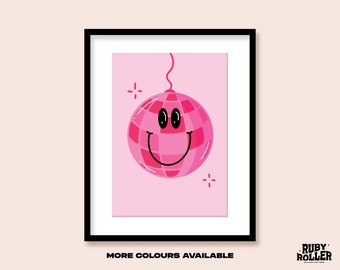 Smiley Disco Ball Art Print | A5 A4 A3 | 60s 70s Y2K Face Poster | Retro Illustration | 90s Funky Room Decor | Groovy Music | Trendy | Party