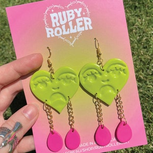 Crying Heart Polymer Clay Earrings | Handmade | Traditional Tattoo | Y2K 90s Dangle | 60s 70s | Retro Funky | Gold Jewellery | Trendy Gifts