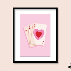 Impressão de arte de cartas de jogar | A5 A4 A3 | Ás de Espadas | coração Funky Pôster | Ilustração retrô | Decoração de quarto moderna | Las Vegas | Rosa descolado
