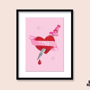 Corazón sangrante con daga Arte Impresión / A5 A4 A3 / Cartel Y2K / Banner flash de tatuaje tradicional / Alternativa gótica de los años 70 / Ilustración de amor