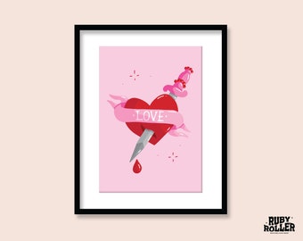 Bleeding Heart Dagger Art Print | Pink Traditional Tattoo Flash