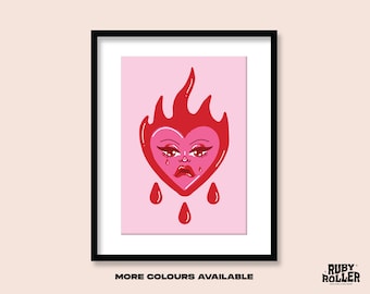 Flaming Crying Heart Art Print: Y2K Tattoo Flash Poster (A5 A4 A3)
