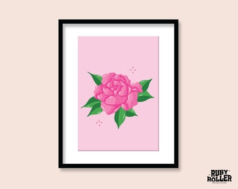 Tattoo Peony Flower Art Print: 70s Retro Floral Illustration (A5 A4 A3)