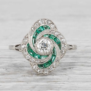 Vintage Moissanite Ring, 935 Argentium Silver Ring, Antique Engagement Ring, Art Deco Diamond Ring, Green Baguette Ring, 925 Silver Ring