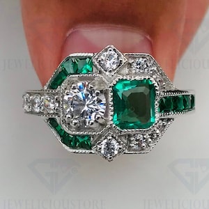 Art Deco Old European Diamond & Emerald Vintage Engagement Ring In 935 Argentium Silver / Estate Art Deco Ring / Antique Target Halo Ring