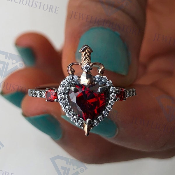 Red Heart Shape Disney Fine Jewelry Ring, Engagement Ring, Villians Garnet Wedding Ring, Classic Black Halo Ring, RockLove Gothic Black Ring