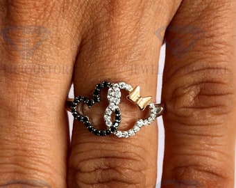 Interlocking Disney Fine Jewelry Ring, Mickey Mouse Ring, Two Tone Mikey & Minnie With Bow Ring, Woman's Unique Mickey Head Ring, Gift Ring