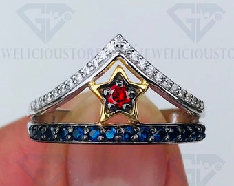 Women's Fine Jewelry Ring, Blue & Orange Stones Super Hero Tiara Ring, Two Tone Rhodium Plated 925 Sterling Silver Ring, Gift For Super Girl