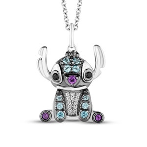 Disney Treasures Lilo & Stitch London Blue Topaz, Amethyst And Diamond Necklace 1/20 ct tw Solid 925 Sterling Silver 18&quot;