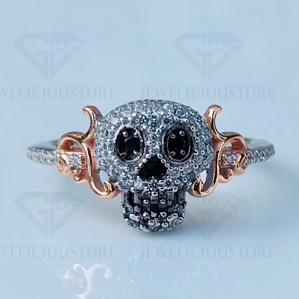 Disney Treasures Coco Black & White Diamond Sugar Skull Ring, 1/5Ct Solid 925 Sterling Silver Ring, Gothic Skull Ring, Birthday Gift Ring