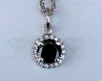 Women's Fine Jewelry Black Round Cut Halo Pendant Necklace With 18 Inch Chain In Solid 925 Sterling Silver, Beautiful Gift Necklace For Girl