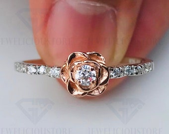 Enchanted Disney Fine Jewelry Solid Silver And 10K Rose Gold Plated Flower With 1/4Ct Diamond Belle Rose Ring, Women's Anniversary Gift Ring