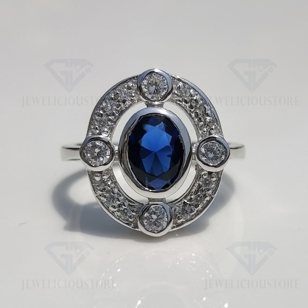 1890s Antique Blue Sapphire Oval Diamond Ring, Filigree Vintage Sapphire Gemstone Ring, 1.10 Ct Birthstone Ring, Retro Art Deco Wedding Ring