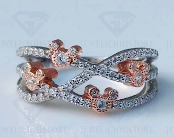 Mickey Mouse Crisscross Ring, Two Tone Gold Plated Sterling Silver Ring, Womens Fine Jewelry Ring, Birthday Gift Ring, Children Jewelry Ring