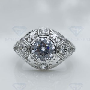 1890s Old European Moissanite Diamond Edwardian Ring, Floral Motif Vintage Ring, Era Art Deco Engagement Ring In 935 Argentium Silver