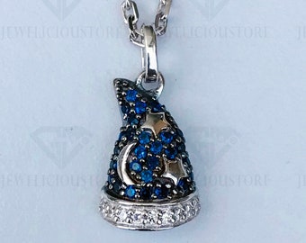 Enchanted Disney Fine Jewelry Collection, Unique Stylish Witch Hat Pendant Necklace, Blue Sapphire & White Round Diamond Pendant Necklace