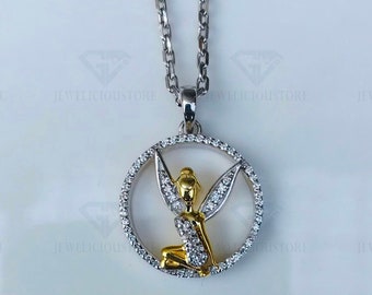 Enchanted Disney Fine Jewelry Collier avec pendentif Fée Clochette en or jaune 14 carats sur argent sterling avec diamant 1/4 CTTW, cadeau pour femme et fille