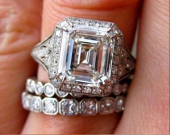 1890's Vintage 4CT Emerald Cut Diamond Trio Engagement Wedding Ring Set 935 Argentium Silver Handmade Jewelry Antique Engagement Ring Set