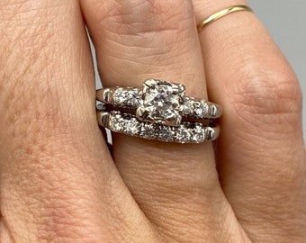 1890s Vintage 1Ct Art Deco Round Cut Diamond Wedding Engagement Ring Set In 935 Argentium Silver Fine Estate Ring Set Antique Bridal Set