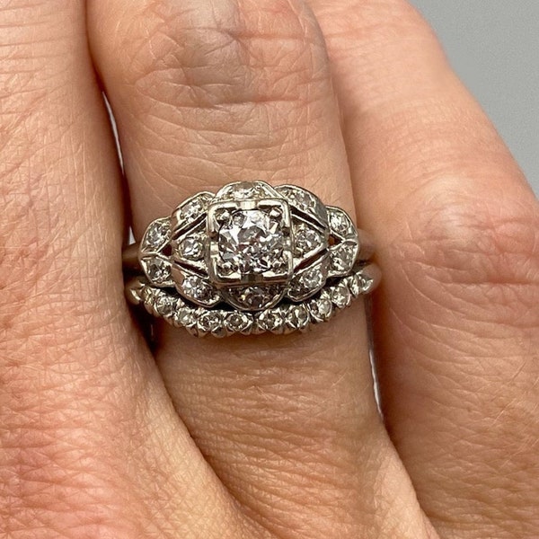 1890s Vintage 2.00 Ct Art Deco Round Cut Diamond Wedding Engagement Ring Set In 935 Argentium Silver Estate Ring Set Antique Bridal Set