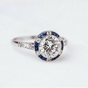 1890s 3.00ct Old European Cut Diamond Art Deco Ring, Sapphire Halo Vintage Engagement Ring In 935 Argentium Silver Ring, Mid Century Ring