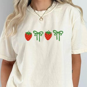 Embroidered Strawberry Bow Shirt, Comfort Colors Embroidered Strawberry Tee, Summer Tee, Womens Shirt, Embroidered Clothing Tee, Trendy Tee