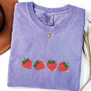 Embroidered Strawberry T-Shirt, Comfort Colors Embroidered Strawberry Tee, Short Sleeve Summer Tee, Womens Shirt, Embroidered Clothing Tee
