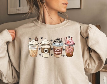 Cat Mom Coffee Lover Sweatshirt, Cat Mom Sweatshirt, Cat Mom Gift Sweatshirt, Cat Mom Cooffee Lower Woman Sweatshirt, Cat Lover Hooded