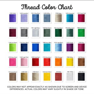 May include: A thread color chart with a variety of colors, including violet, lavender, grey blue, beige, turquoise, dark pink, maroon, dark grey, light grey, teal green, forest green, military green, irish green, lime green, navy blue, royal blue, aqua blue, light blue, purple, plum, rose gold, light pink, dark red, vermilion, orange, yellow, brown, caramel brown, gold, sand, dark yellow, red, white, and black.