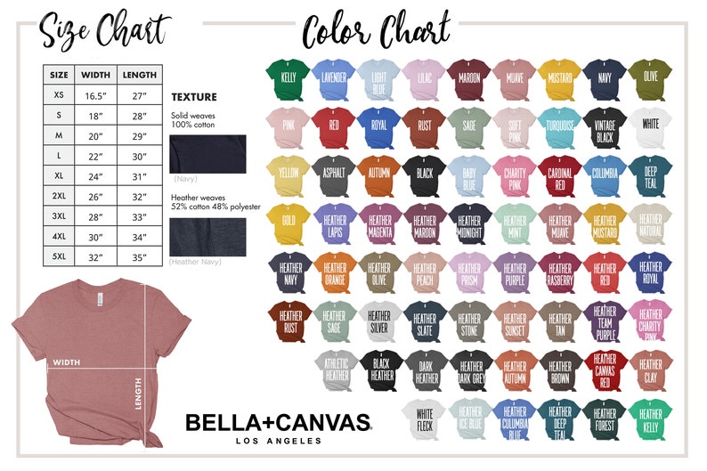 Puede incluir: Tabla de tallas y colores para camisetas. La tabla muestra diferentes tallas, anchos, largos y texturas. La tabla de colores muestra una variedad de colores, incluyendo colores jaspeado. El texto "Bella+Canvas Los Angeles" est&aacute; en la parte inferior de la tabla.