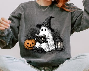 Comfort Colors Halloween Shirt, Bookish Ghost Shirt, Cute Spooky Season Sweatshirt, Reading Ghost Witchy Crewneck, Vintage Halloween Gift