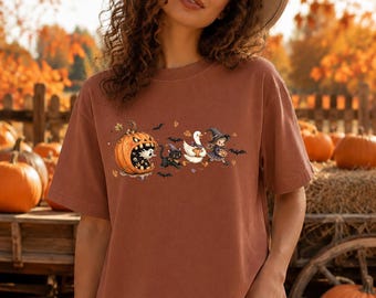 Cute Witch Halloween Shirt, Spooky Season Sweatshirt, Cute Ghost Pumpkin Tee, Black Cat Fall Graphic T-Shirt, Halloween Gift for Her
