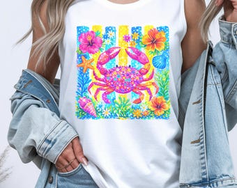 Summer Vibes Shirt - Vibrant Beach Top - Preppy Ocean Tank - Colorful Sea Turtle Cute Crab Seahorse Graphic Tee - Coastal Ribbed Tank