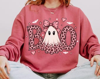 Pink Leopard Ghost Halloween Shirt, Coquette Ghost Bow Tee, Cute Boo Spooky Season Sweatshirt, Halloween Gift for Women, Pink Fall Shirt