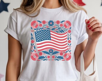 Boho American Flag Floral Comfort Colors® T-Shirt, 4th of July Shirt Women, Patriotic Flower Tee, Americana Aesthetic Shirt, Boho Tee