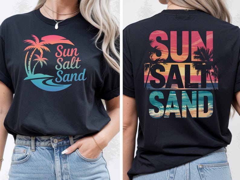K&ouml;nnte beinhalten: Schwarzes T-Shirt mit einer farbenfrohen Grafik mit Palmen, einem Sonnenuntergang und den Worten "Sun Salt Sand". Das Design wiederholt sich auf der R&uuml;ckseite. Das Shirt besteht aus einem weichen Material.