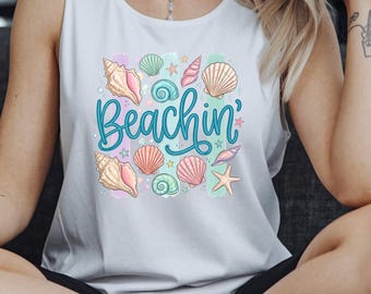 Comfort Colors Beachin' Shirt - Beach Vibes Shirt - Boho Summer Tee - Beach Coastal Trending Stripes Cute Summer Graphic T-Shirt