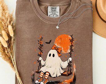 Cute Ghost On Swing Shirt, Comfort Colors Halloween Shirt, Coquette Ghost Sweatshirt, Spooky Season Shirt, Vintage Halloween Gift
