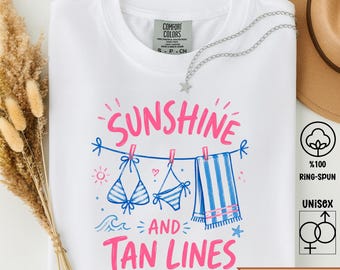 Sunshine Tan Lines Shirt, Retro Summer Tee, Beach Vibes Tshirt, Trendy Vacation Clothes, Comfort Colors 1717 Preppy Beach Top