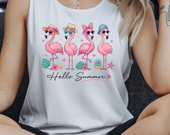 Hello Summer Flamingo Tank Top, Cute Pink Flamingo Shirt, Tropical Beach Vacation Tee, Summer Vibes Graphic Top, Funny Flamingo Gift