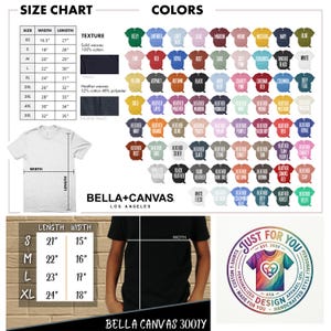 Puede incluir: Una tabla de tallas y muestras de colores para camisetas Bella+Canvas. La tabla muestra medidas en cm para varias tallas, incluyendo XS, S, M, L y XL. Las opciones de color van desde verde Kelly hasta negro y blanco.